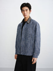 Men's Textured Tweed-Style Jacket with PU Collar