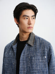 Men's Textured Tweed-Style Jacket with PU Collar