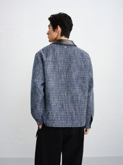 Men's Textured Tweed-Style Jacket with PU Collar