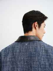 Men's Textured Tweed-Style Jacket with PU Collar