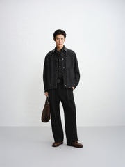 Men's Gradient-Washed Denim Jacket with PU Collar