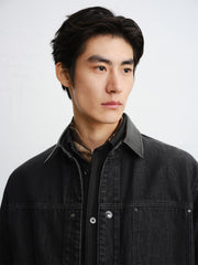 Men's Gradient-Washed Denim Jacket with PU Collar