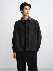 Men's Gradient-Washed Denim Jacket with PU Collar