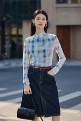 Women's Mock-Neck Ombre Plaid Top