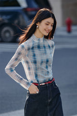 Women's Mock-Neck Ombre Plaid Top