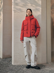 Women's Red Drawstring Waist Waterproof Puffer Jacket