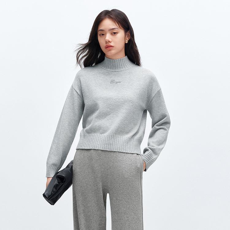 Women's Gray Mock Neck Embroideried Pullover