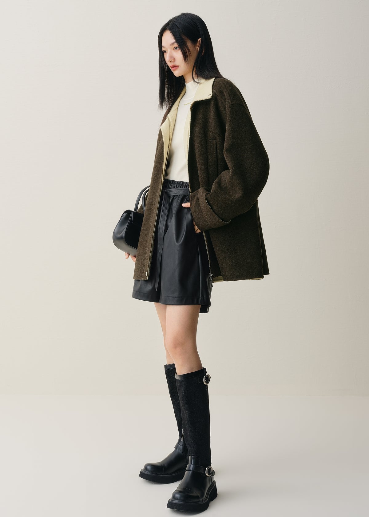 Women's Short Stand-Collar Double-Face Wool Coat