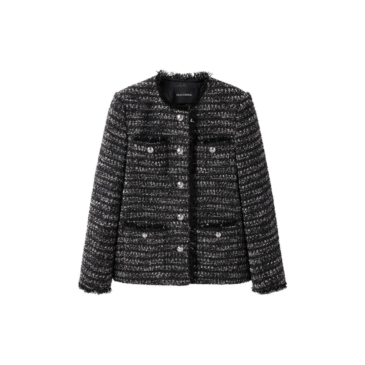 Women's Black Gray Raw Edge Tweed Jacket