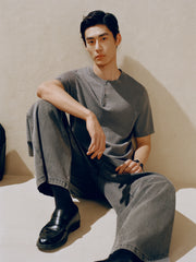 Men's Textured Knit T-Shirt with Henley Collar