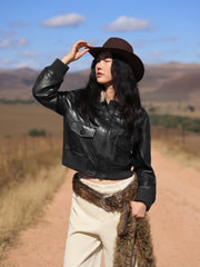 Women's Moto Cropped Padded Jacket with Detachable Fur Colla