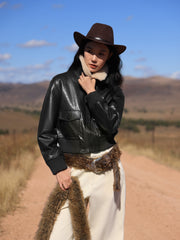 Women's Moto Cropped Padded Jacket with Detachable Fur Colla