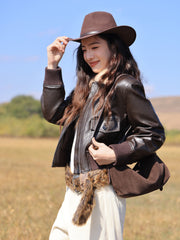 Women's Moto Cropped Padded Jacket with Detachable Fur Colla