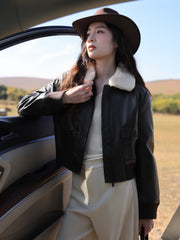 Women's Moto Cropped Padded Jacket with Detachable Fur Colla