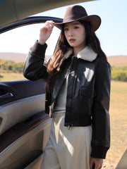 Women's Moto Cropped Padded Jacket with Detachable Fur Colla