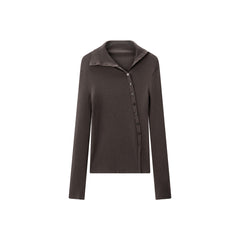 Women's Ribbed Lapel Asymmetric Button Knit Top