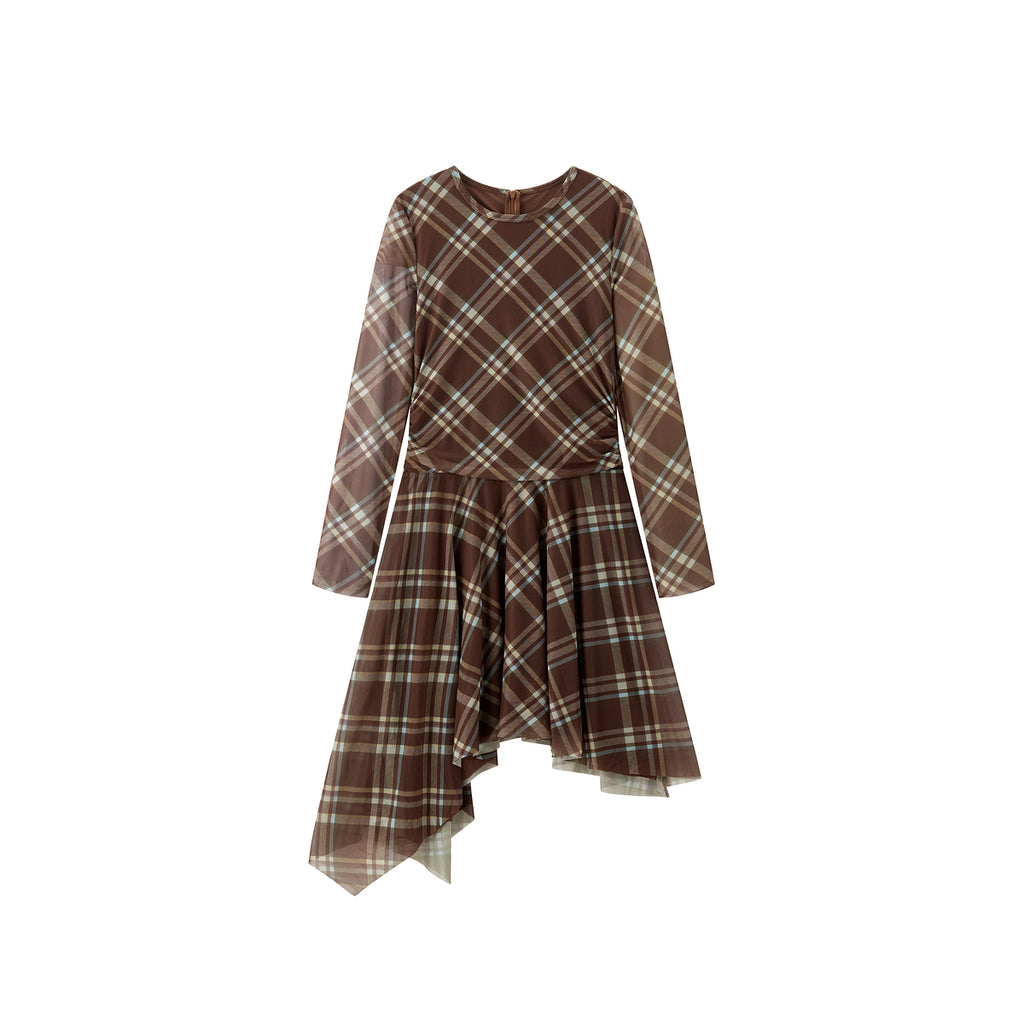 Women's Asymmetric Plaid Knit Dress | Peacebird Women Fashion, Brown / XL