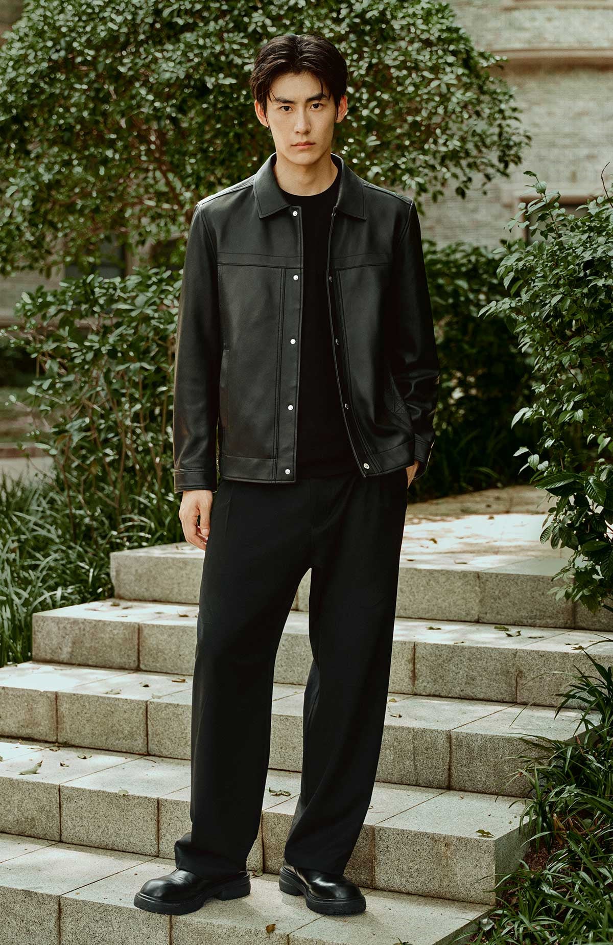 Men's Embossed Short Leather Jacket with Down Liner