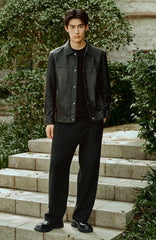Men's Embossed Short Leather Jacket with Down Liner