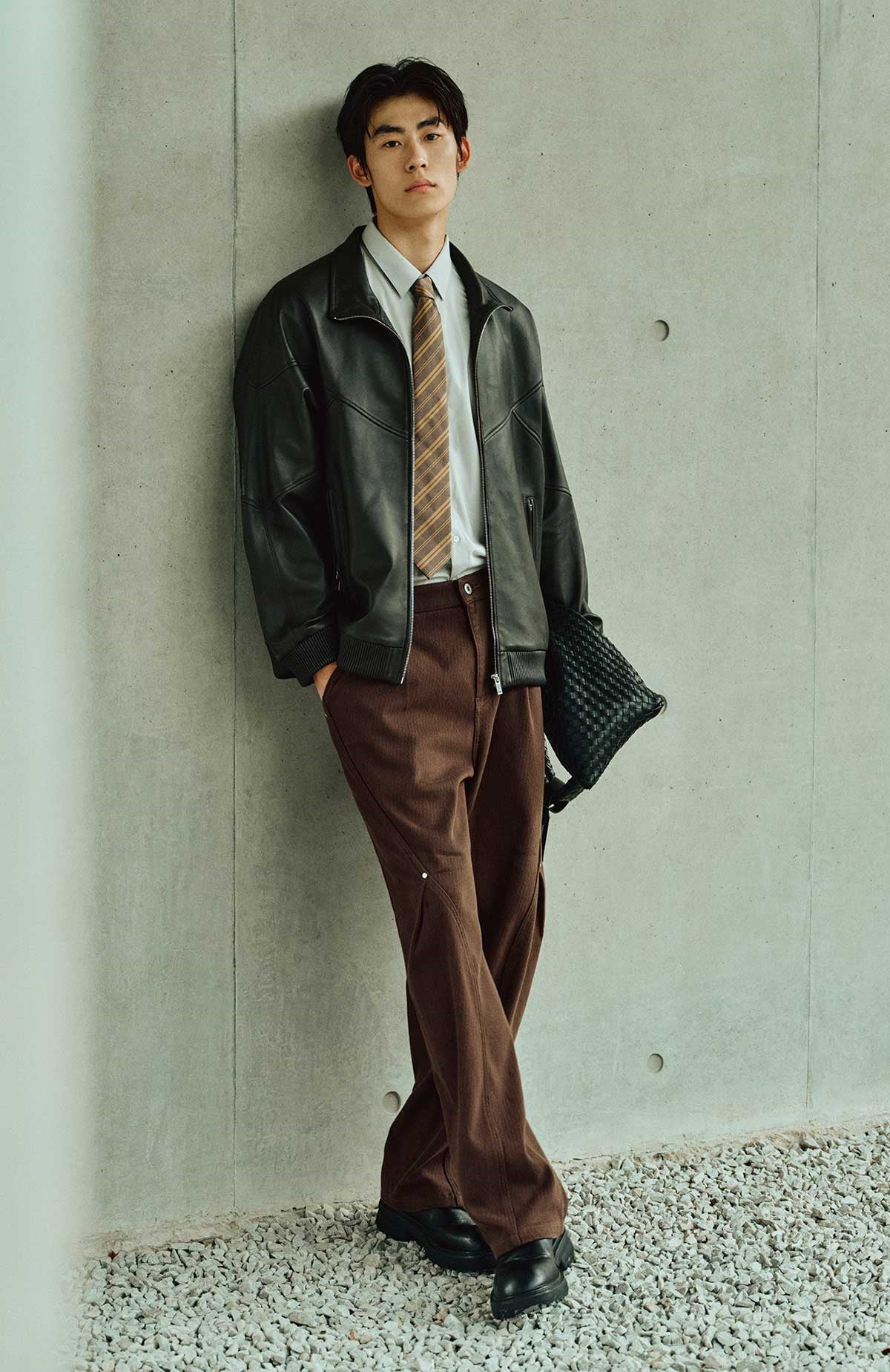 Men's Brown Stand-Collar Leather Jacket