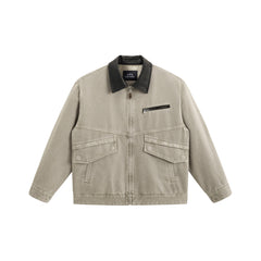 Men's Oversized Utility Jacket with PU Collar