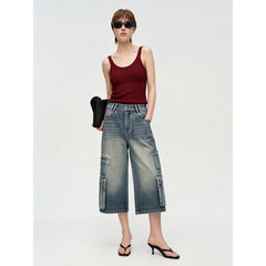 Women's Casual Loose Fit Cropped Cargo Jeans
