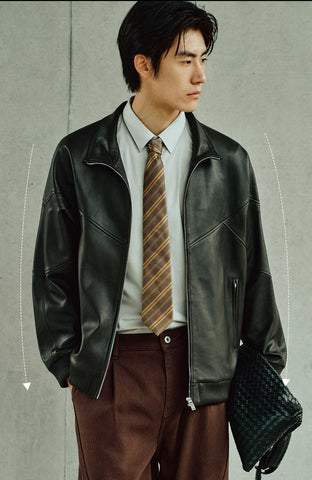 Men's Brown Stand-Collar Leather Jacket