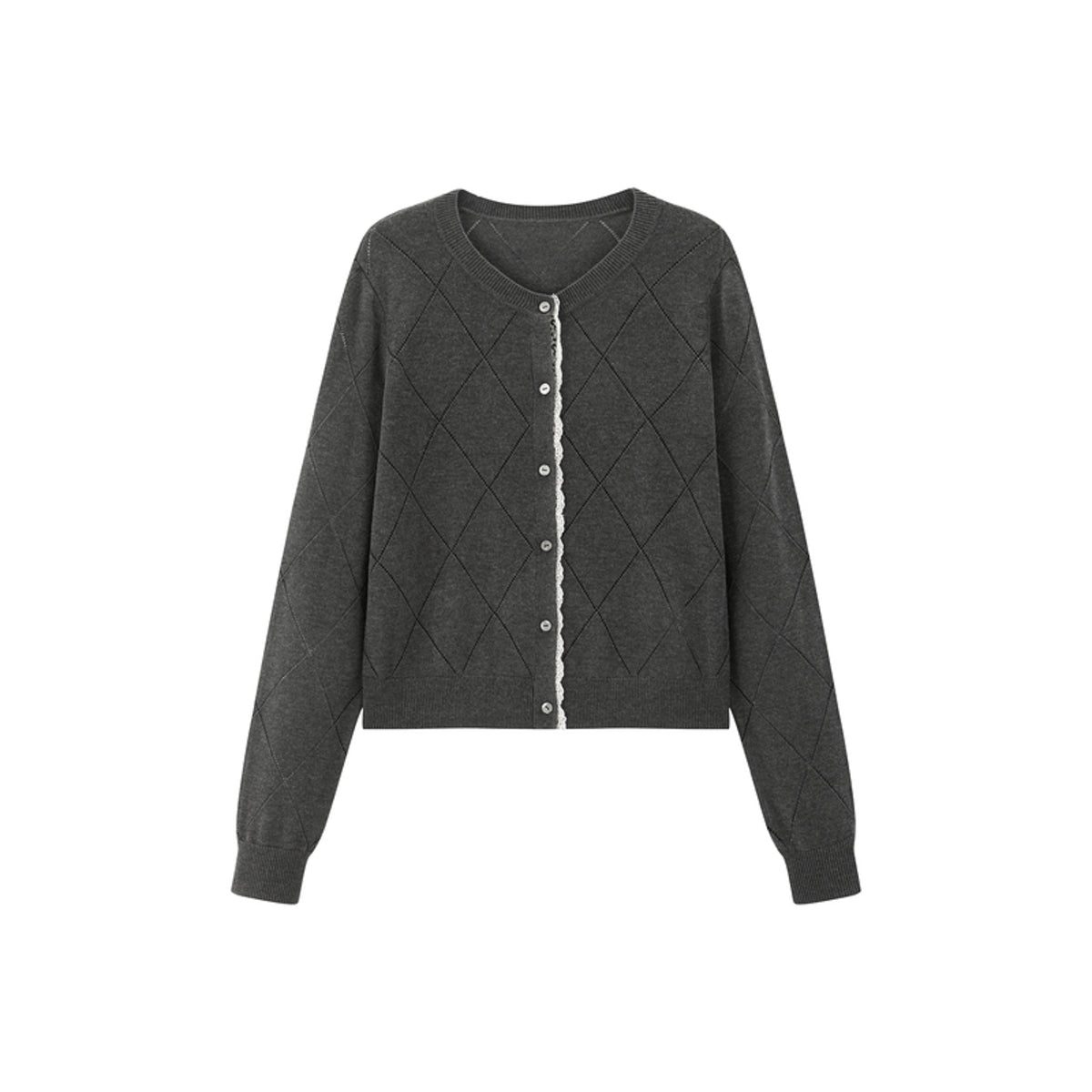 Women's Diamond Knit Cardigan with Lace Trim
