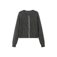 Women's Diamond Knit Cardigan with Lace Trim