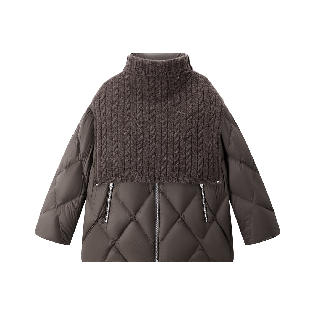 Women's Extra-Long Puffer Coat with Cable-Knit Shawl