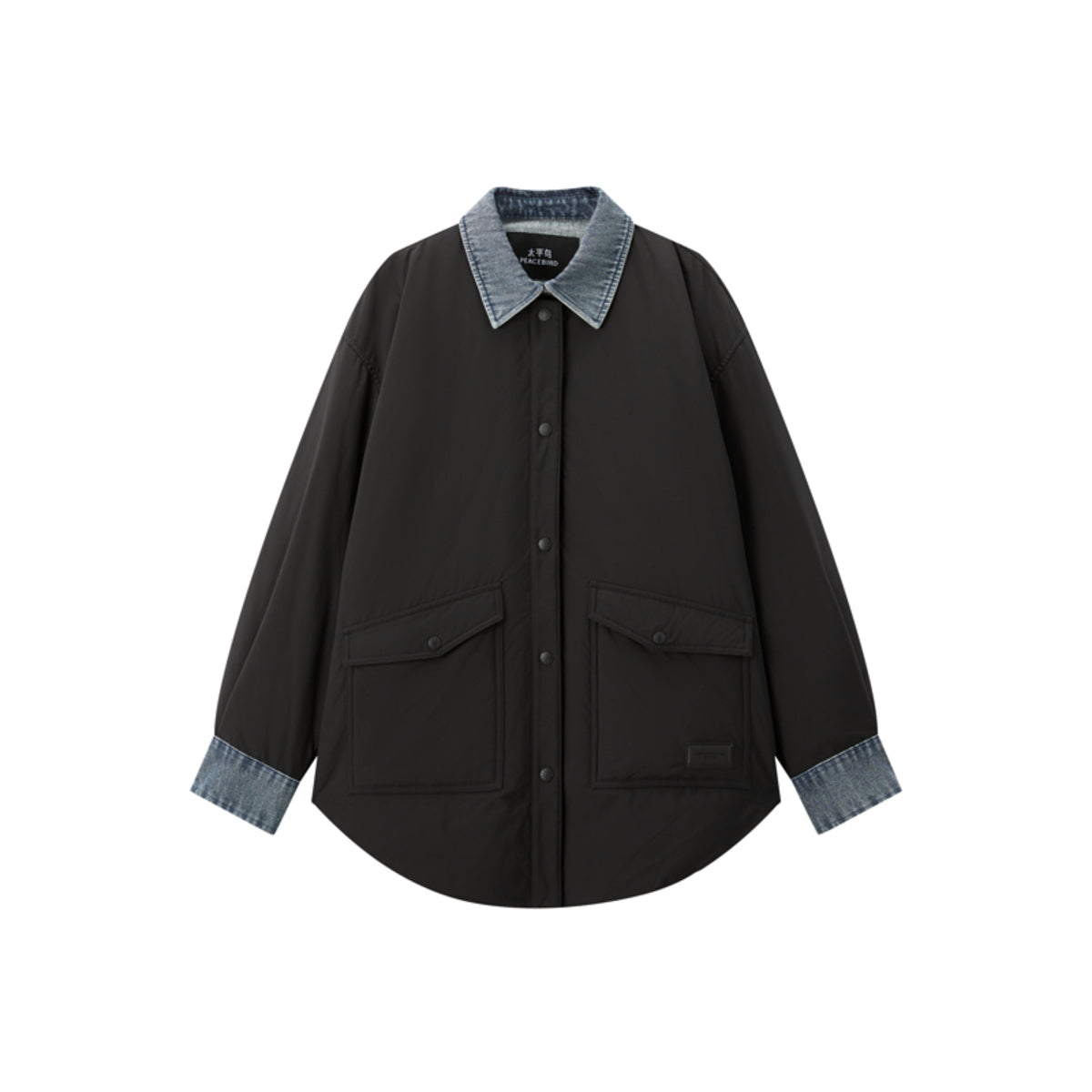 Women's Oversized Down Shirt with Denim Panels