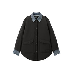 Women's Oversized Down Shirt with Denim Panels