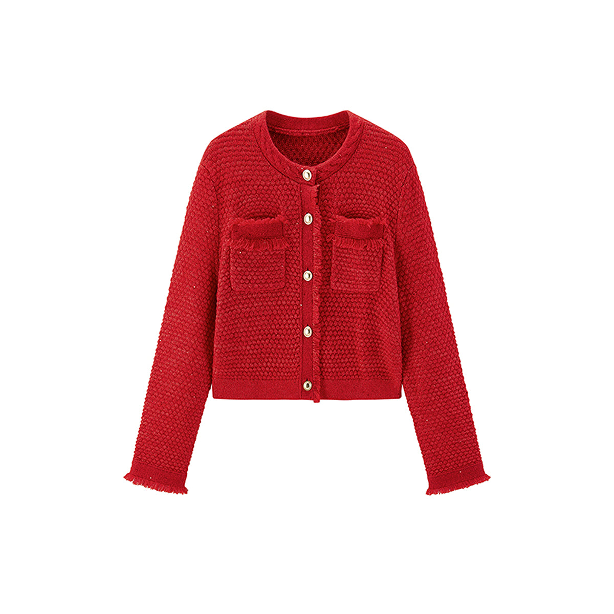 Women's Red Raw Edge Knit Cardigan