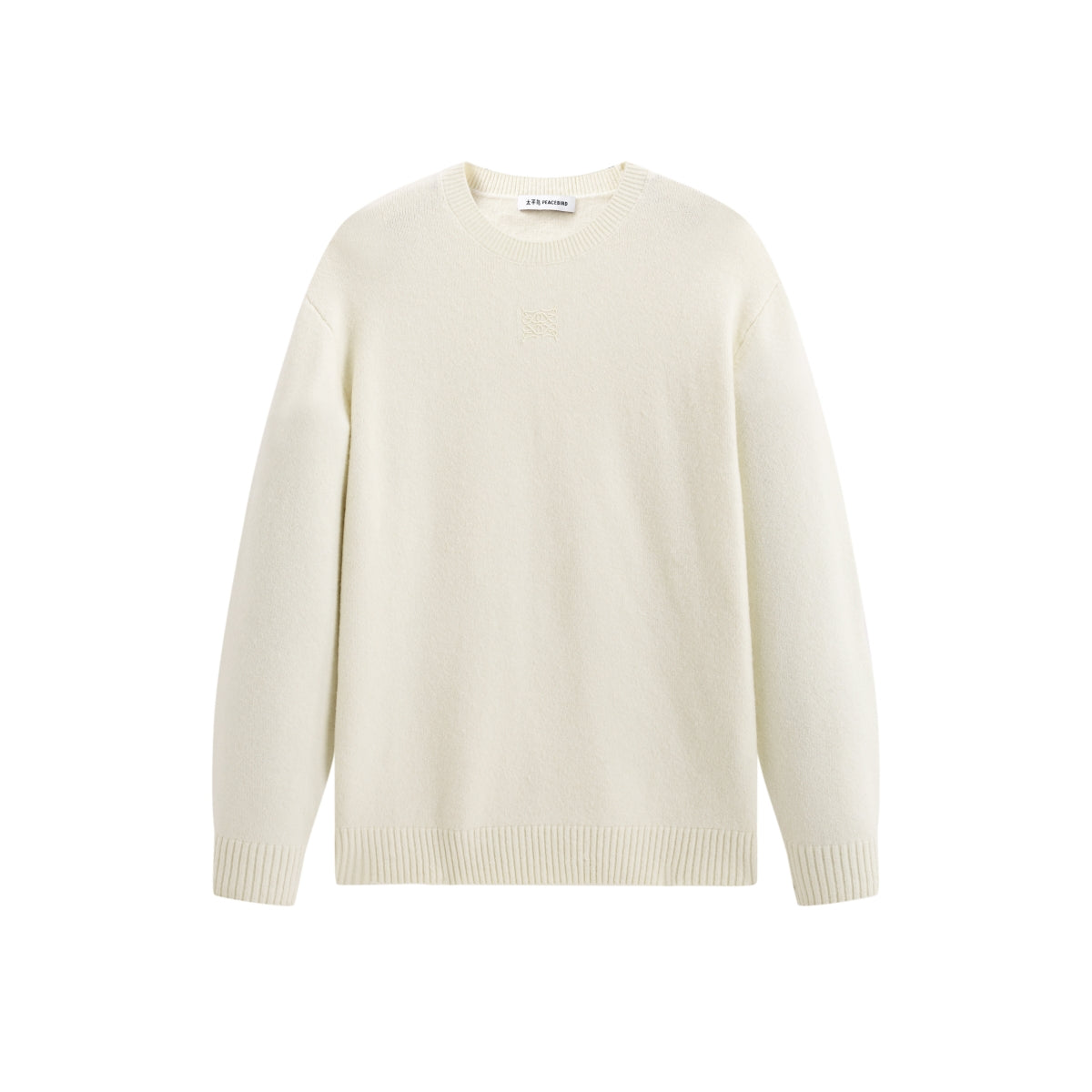 Men's Beige Brushed Sweater with Embroidery