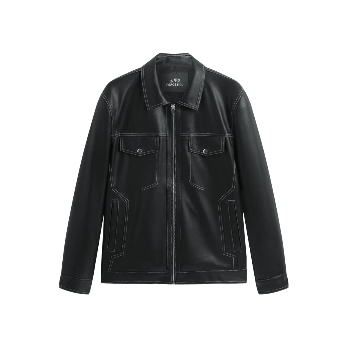 Men's Contrast-Stitch PU Leather Jacket