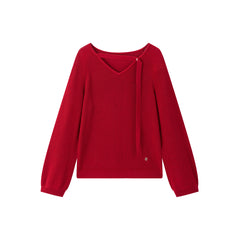 Women's V-Neck Cutout Tie-Detailed Statement Knit Top