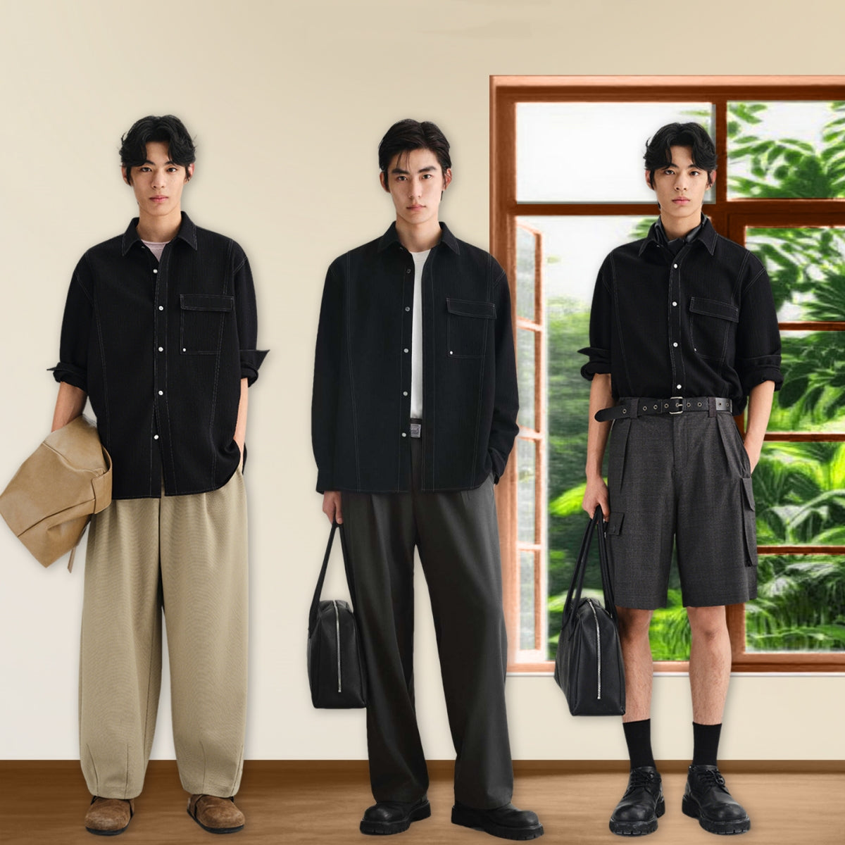 Men's Houndstooth Shirt with Contrast Topstitching