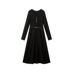 Women's Black Mid-Length Knit Dress with Belt