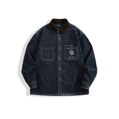 Men's Embroidered Shirt with Corduroy Panels