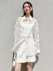 Women's Butterfly Flocked Sheer Shirtwith Back Cutout