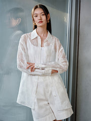 Women's Butterfly Flocked Sheer Shirtwith Back Cutout