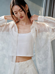 Women's Butterfly Flocked Sheer Shirtwith Back Cutout