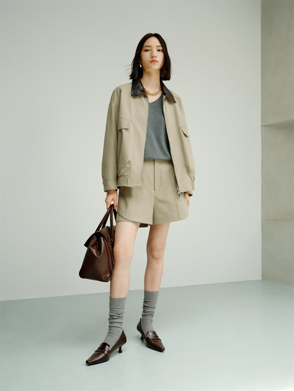 Women's Barn-Style Contrast PU Collar Jacket