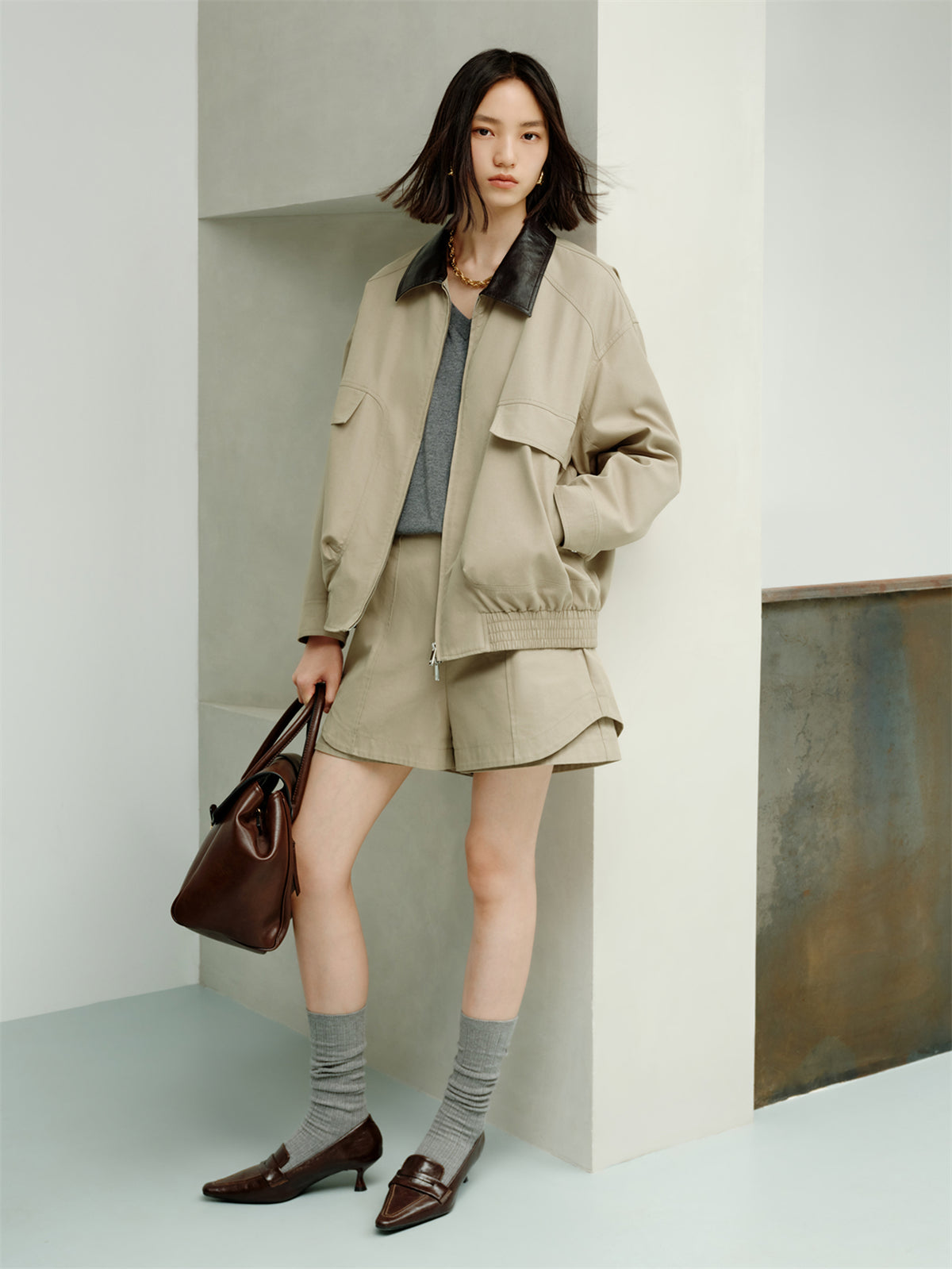 Women's Barn-Style Contrast PU Collar Jacket