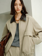 Women's Barn-Style Contrast PU Collar Jacket