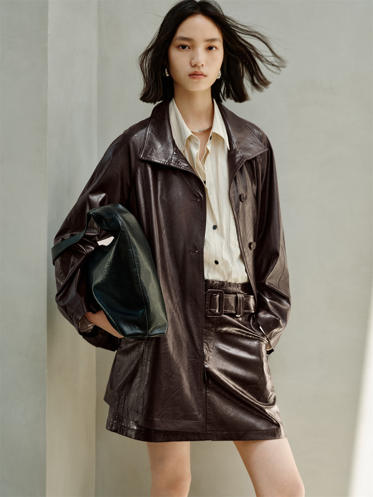 Women's Trench-Style Waxed PU Jacket