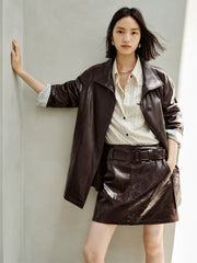 Women's Trench-Style Waxed PU Jacket