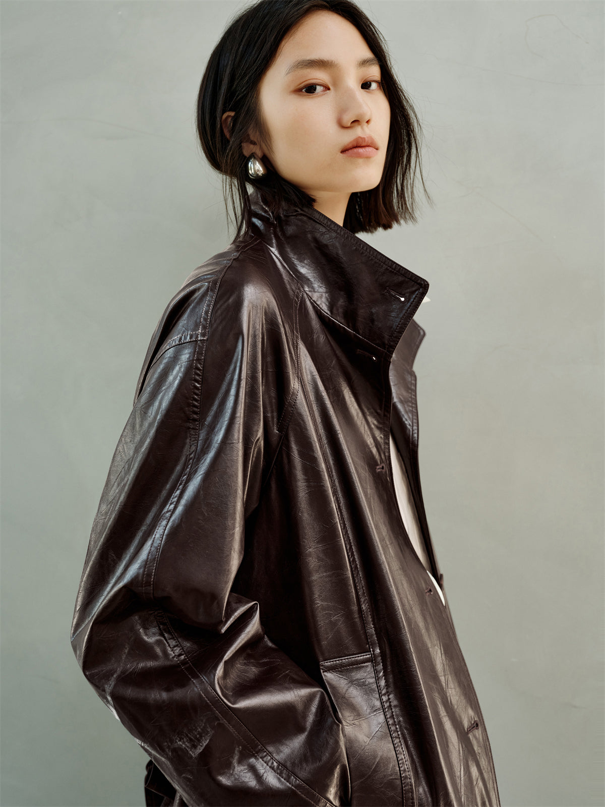 Women's Trench-Style Waxed PU Jacket