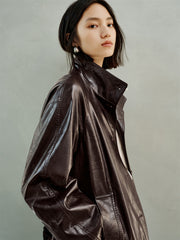 Women's Trench-Style Waxed PU Jacket