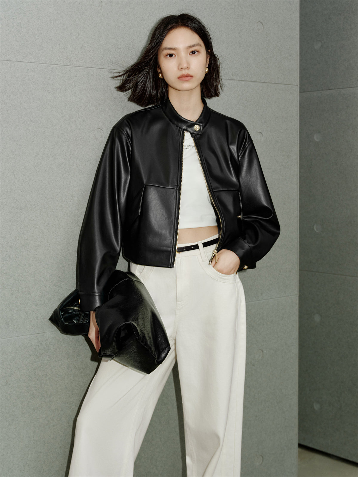 Women's Cropped Stand-Collar Moto PU Jacket